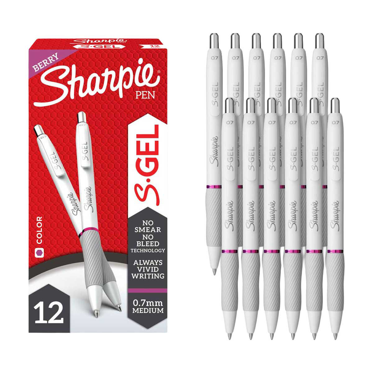 Sharpie S-Gel Pens, Pearl White Body, Medium (0.7mm) Point, Berry Ink, 12 ct