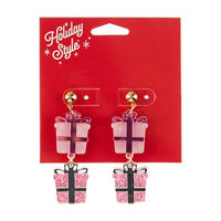 Christmas Pink Glitter Presents Drop Earrings