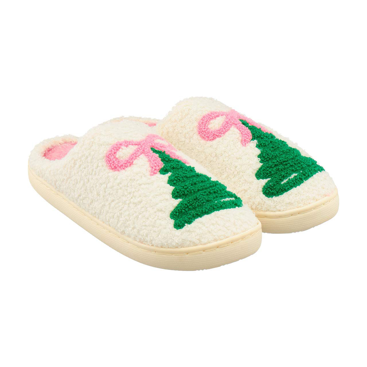 Women's Holiday Tree & Pink Bow Slippers, Medium
