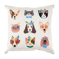 Whimsical Dog & Cat Print Outdoor Throw Pillow,