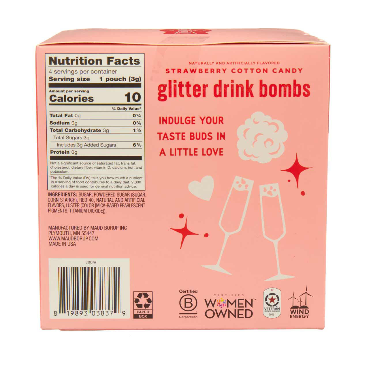 Maud Borup Glitter Drinks Bombs, Strawberry Cotton Candy, 4 ct