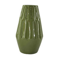 Green Ribbed Ceramic Vase, 9 in