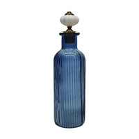 Blue Ribbed Glass Decorative Bottle with Pumpkin Knob