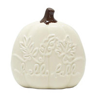 "Hello Fall" Leaf Pattern Cream Ceramic Pumpkin