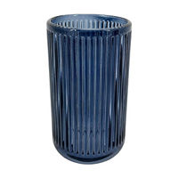 Blue Ribbed Glass Candle Holder, 3x5 in