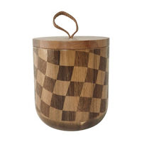 Summer Acacia Wood Checkerboard Storage Jar with Leather Handle Lid