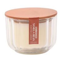 Ambered Vanilla Bean Scented Orange Ribbed Glass Candle with Wood Lid, 10 oz
