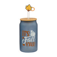 Harvest It's Fall Y'all Frosted Bue Tumbler with Wooden Lid & Leaf Straw Cover, 16 oz