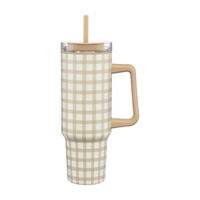 Harvest Tan & White Checkered Pattern Tumbler with Handle, 40 oz