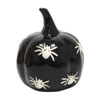 Glossy Black Ceramic Pumpkin with White Spiders