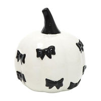 White Ceramic Pumpkin with Black Bow Accents