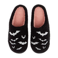 Women's Halloween Black & White Slip-on Bat Patterned Slippers, Size Small