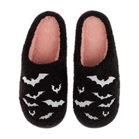 Women's Halloween Black & White Slip-on Bat Patterned Slippers, Size Large