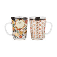 14 oz lidded glass mug with Fall designs