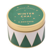 Christmas Green, White & Gold Drum Candle in Winter Chai Scent, 8.8 oz 
