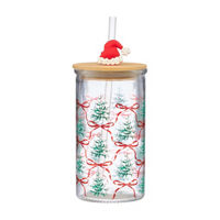 Christmas Bow & Tree Print Glass Sipper with Santa Hat Straw Topper