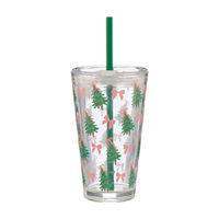 Christmas Pink Bow & Tree-Print Glass Sipper