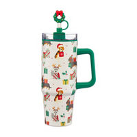Christmas Dog Print Tumbler with Wreath Straw Topper,