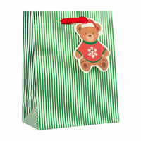 Christmas Green Striped Gift Bag with Bear Tag, Medium