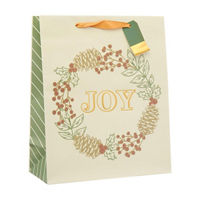 Christmas Side Striped Gilded 'Joy' Wreath Gift Bag, Large
