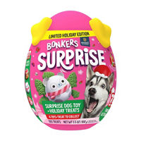BONKERS Surprise Holiday Edition Blind Box Collectible Plush Dog Toy with Peanut Butter Flavored Biscuit Crunchy Treats for Dogs, 3.5 oz