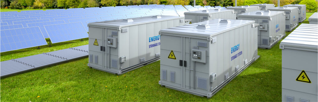 Rendering of battery storage facility with solar panels in the background