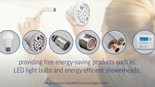 woman installing a shower head with icons of energy efficient products in the forefront 