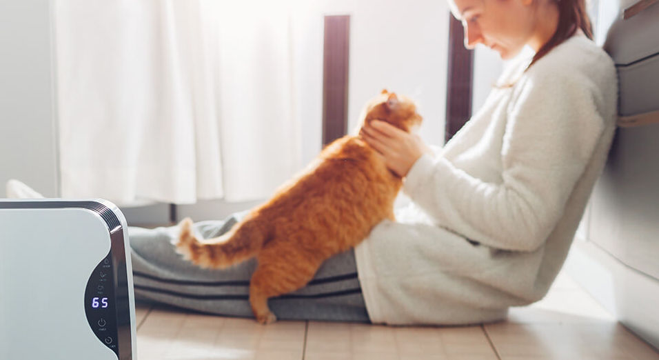 Woman sitting on the floor petting cat with an air purifier nearby