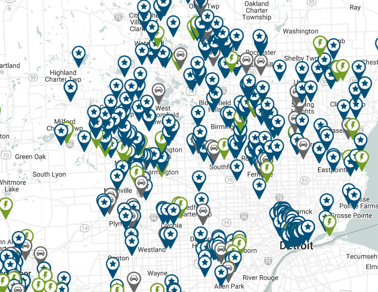 Map with location pins of current electric vehicle charging stations. 