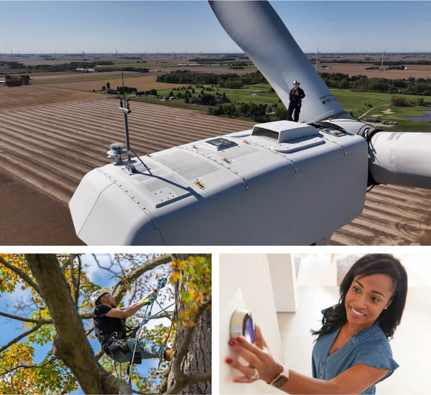 Collage of three images: Closeup of a worker on top of a wind turbine. DTE worker trimming trees. Woman smiling while adjusting a thermostat.