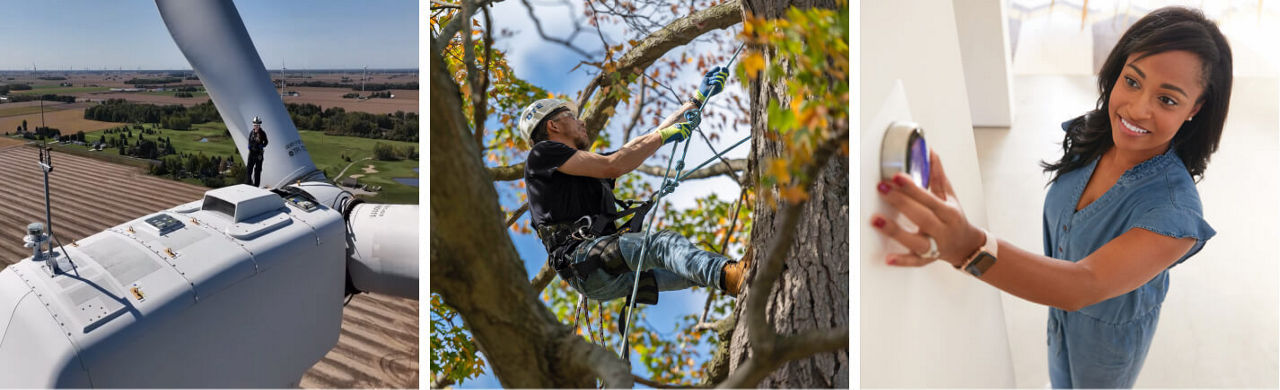 Collage of three images: Closeup of a worker on top of a wind turbine. DTE worker trimming trees. Woman smiling while adjusting a thermostat.