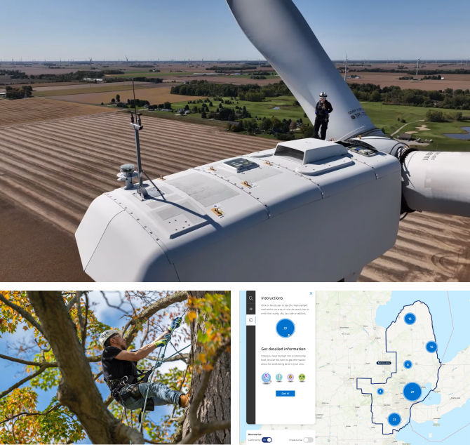 Collage of three images: Closeup of a worker on top of a wind turbine. DTE worker trimming trees. Power Improvements Map image.