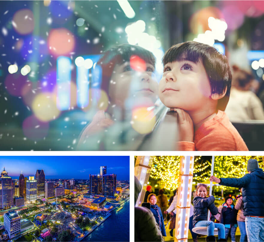 Collage of three images: Little boy looking at a window with lights. Detroit's Hart Plaza at nighttime with lights during Jazz Festival. Little girl sitting on a ride at Beacon Park with lit up trees in the background.