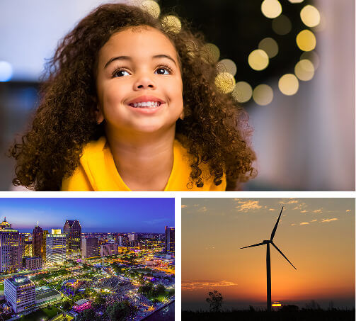 Collage of three images: Little boy looking at a window with lights. Detroit's Hart Plaza at nighttime with lights during Jazz Festival. Little girl sitting on a ride at Beacon Park with lit up trees in the background.