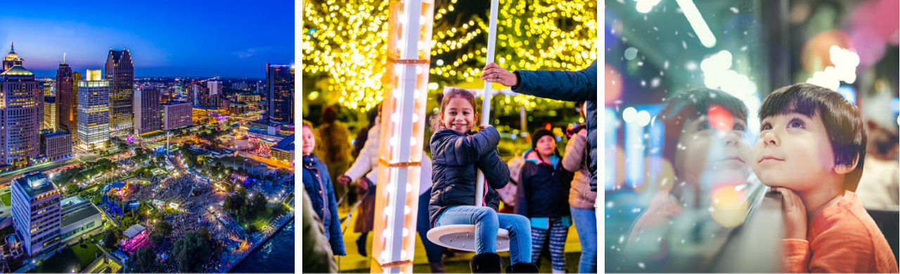 Collage of three images: Little boy looking at a window with lights. Detroit's Hart Plaza at nighttime with lights during Jazz Festival. Little girl sitting on a ride at Beacon Park with lit up trees in the background.