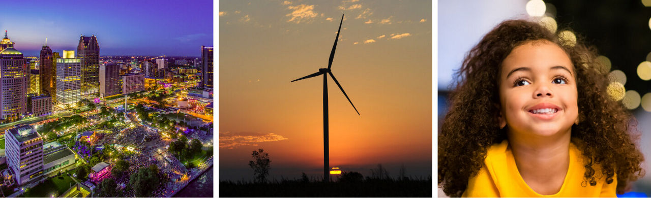 Collage of three images: Little boy looking at a window with lights. Detroit's Hart Plaza at nighttime with lights during Jazz Festival. Little girl sitting on a ride at Beacon Park with lit up trees in the background.