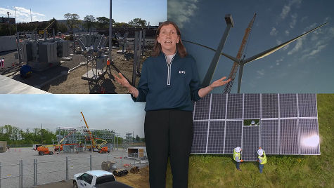 Woman standing in front of images of clean energy sources