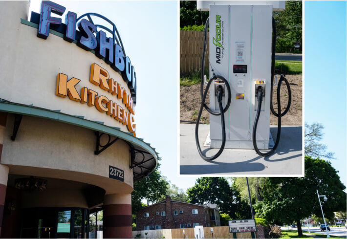 Fishbone’s St. Clair Shores restaurant sign and a close up of an electric vehicle fast charger