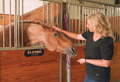 A woman petting a horse inside a stable.