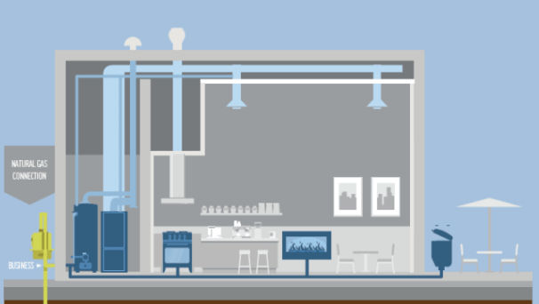 Illustration of business building interior showing natural gas connections