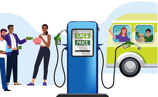 Cartoon depiction of people near a bus at a filling station