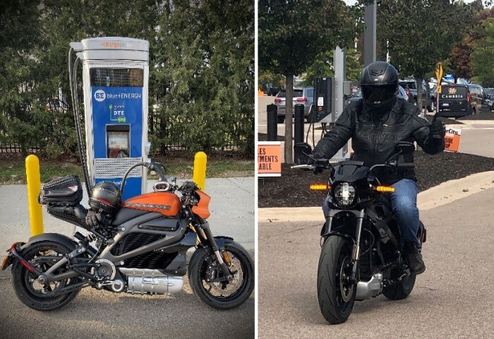 Two photos side by side: A Harley-Davidson LiveWire motorcycle in front of a public charging station and  a man riding an electric motorcycle and waving.