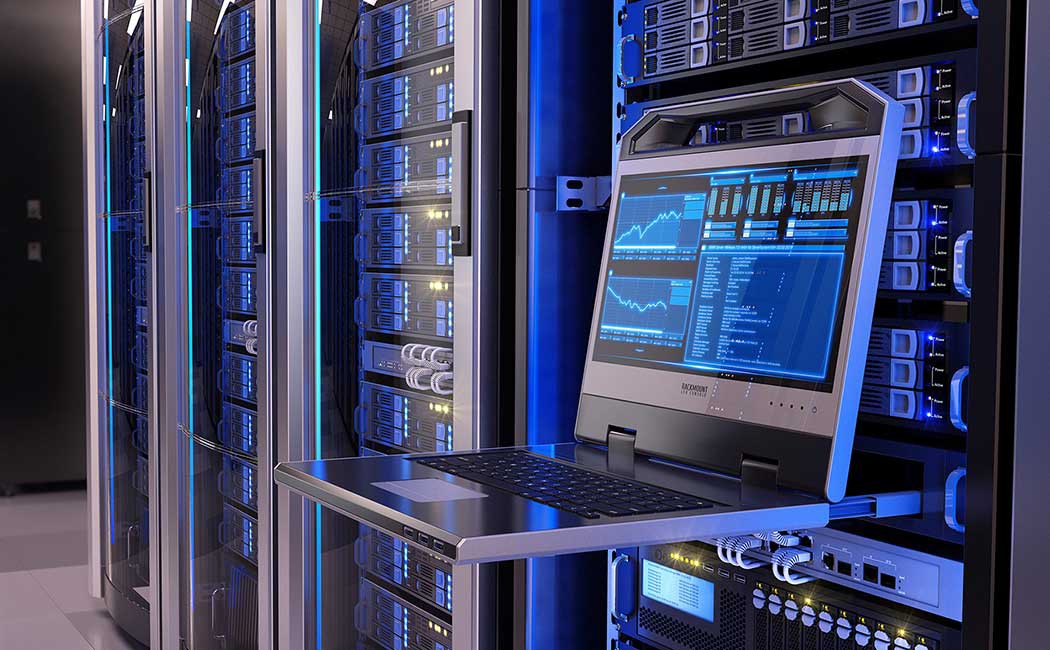 Rackmount LED console in server room data center - 3d illustration