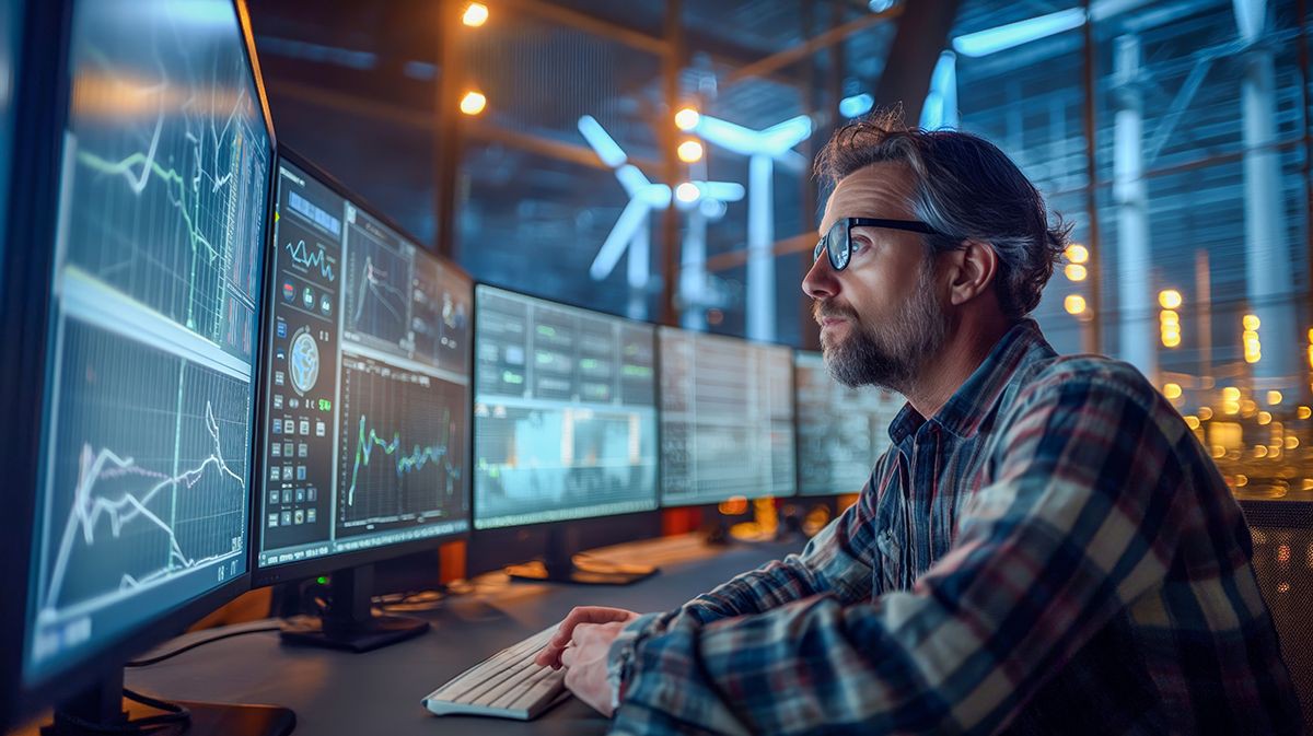 Man monitoring multiple screens on desk - Five security trends shaping the future | DXC Technology Insights