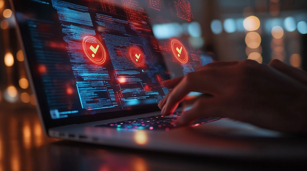 Hands type on laptop with digital checkmarks over screen - Five security trends shaping the future | DXC Technology Insights