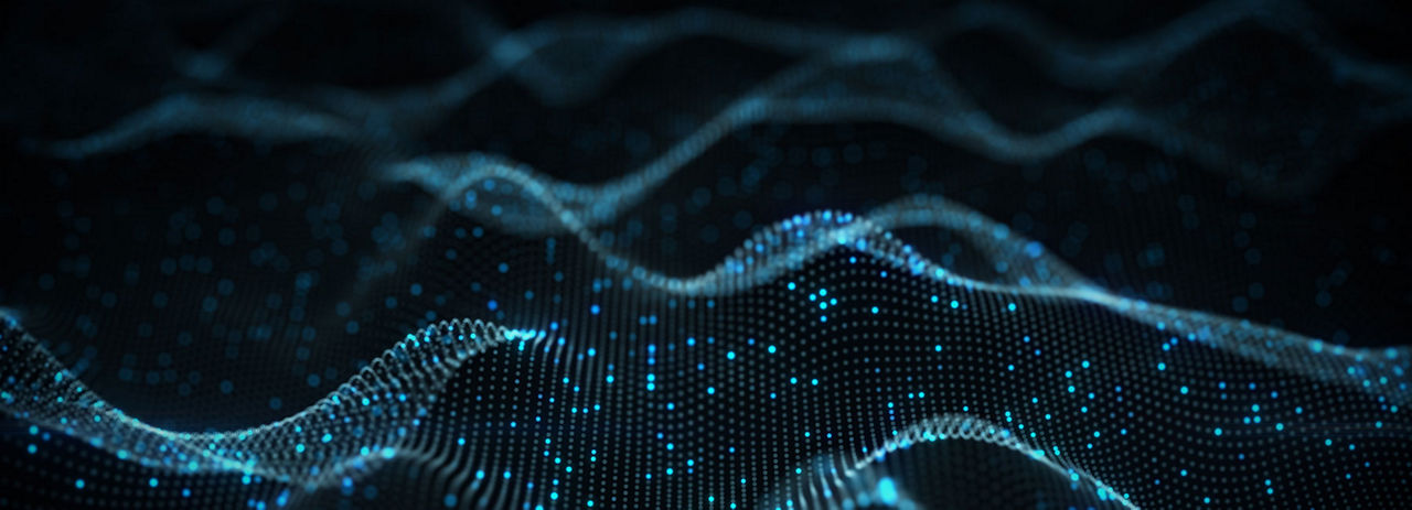 Futuristic blue and turquoise points of light in a wavy mesh pattern, Generative AI | DXC Technology