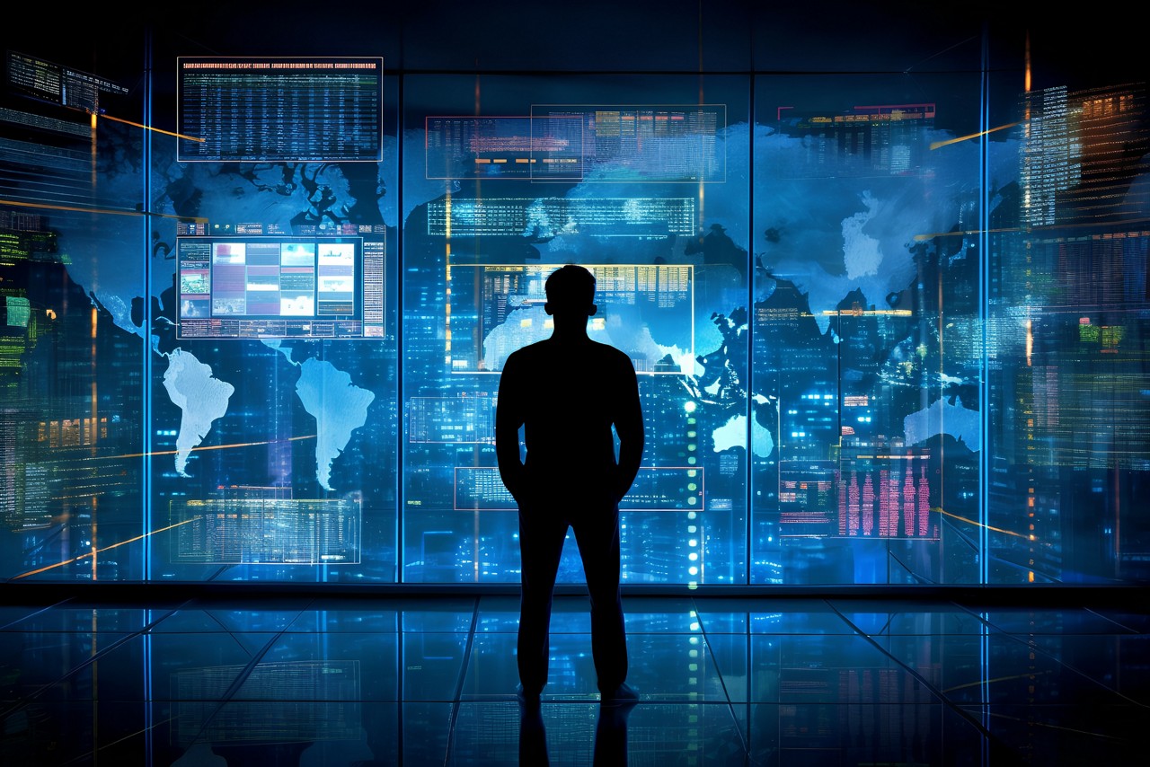 The silhouette of a person standing in front of a large digital screen with a global data flow showing various cyber threats and vulnerabilities, Generative AI