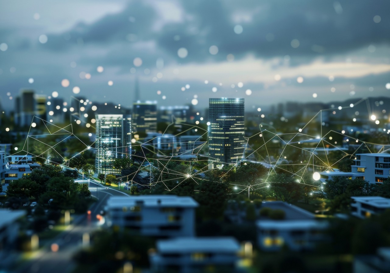 Aerial view of a city at night, with network of connections in the sky | DXC Technology