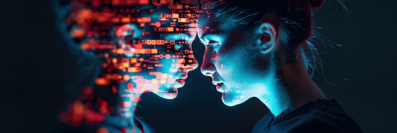 Close-up of a human face blending with digital code, representing Hogan’s API & Microservices solution | DXC Technology Insights