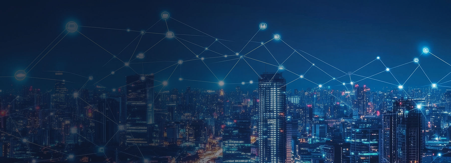 Glowing city skyline with network lines symbolizing seamless zero trust integration and protection, Zero trust solutions | DXC Technology